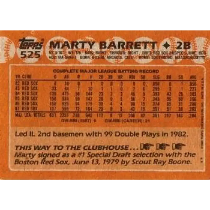 1988 Topps #525 Marty Barrett NM-MT Boston Red Sox Baseball Card - Baseball Card Single