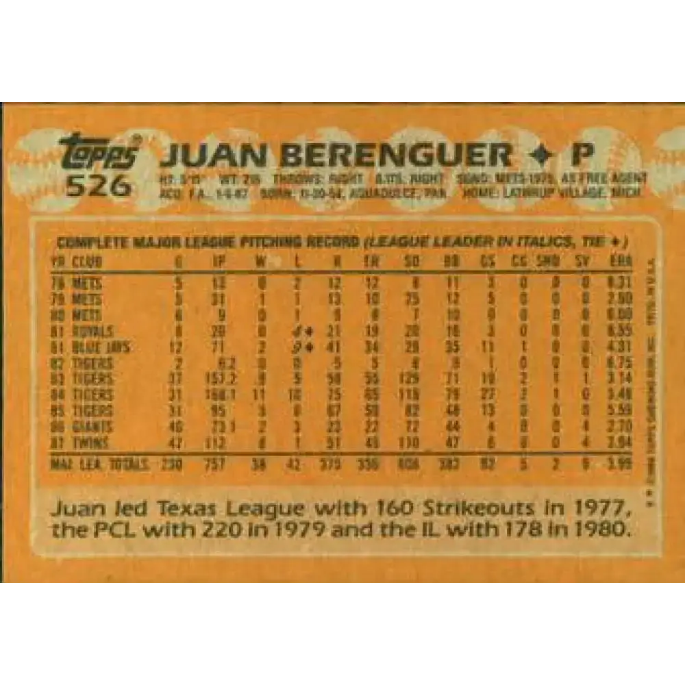 1988 Topps #526 Juan Berenguer NM-MT Minnesota Twins Baseball Card - Baseball Card Single