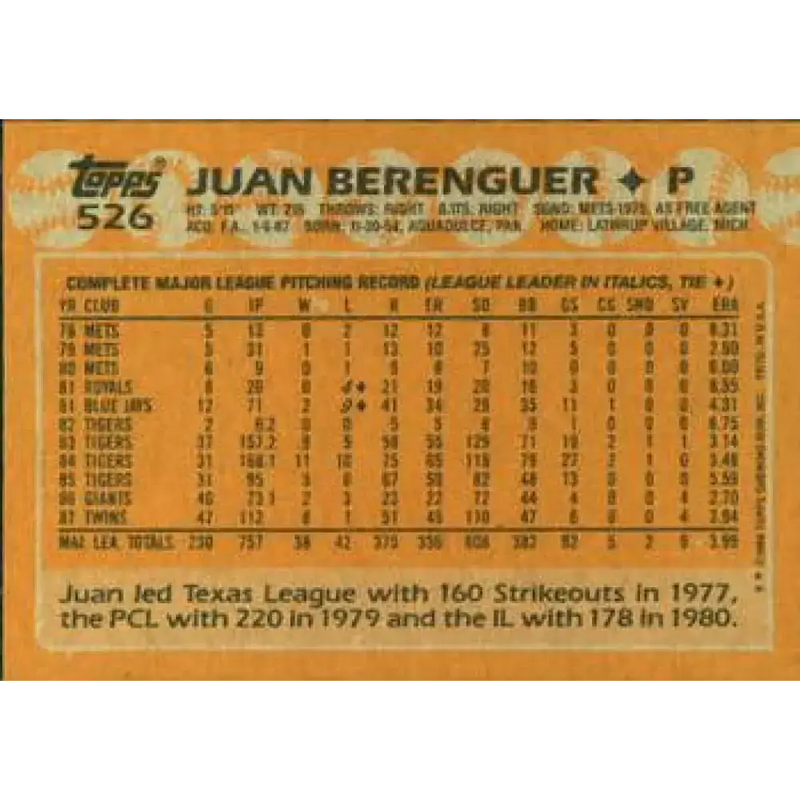 1988 Topps #526 Juan Berenguer NM-MT Minnesota Twins Baseball Card - Baseball Card Single