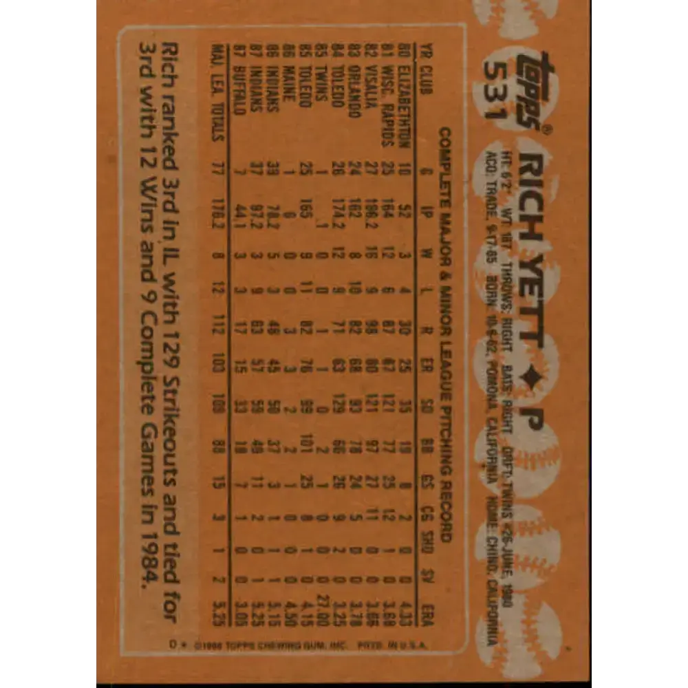1988 Topps #531 Rich Yett NM-MT Cleveland Indians Baseball Card - Baseball Card Single