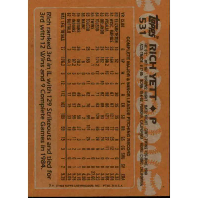 1988 Topps #531 Rich Yett NM-MT Cleveland Indians Baseball Card - Baseball Card Single