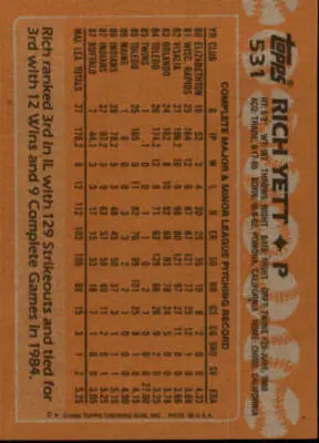 1988 Topps #531 Rich Yett NM-MT Indians baseball card statistics showcasing sports cards with original gloss