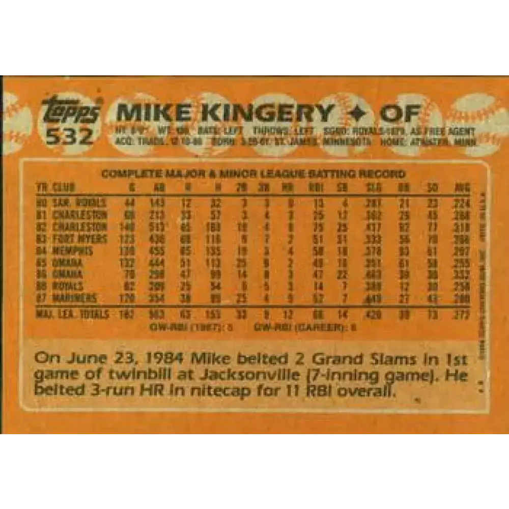 1988 Topps #532 Mike Kingery NM-MT Seattle Mariners Baseball Card - Baseball Card Single