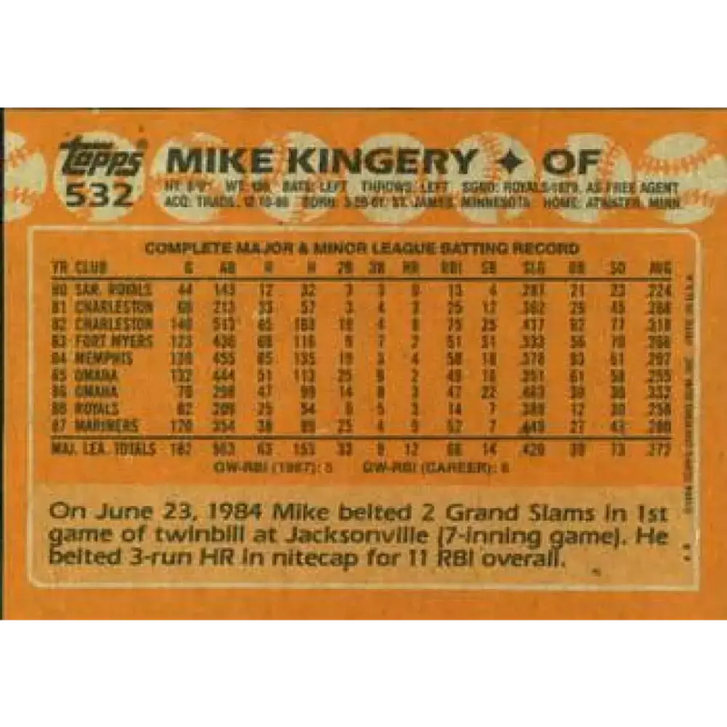 1988 Topps #532 Mike Kingery NM-MT Seattle Mariners Baseball Card - Baseball Card Single