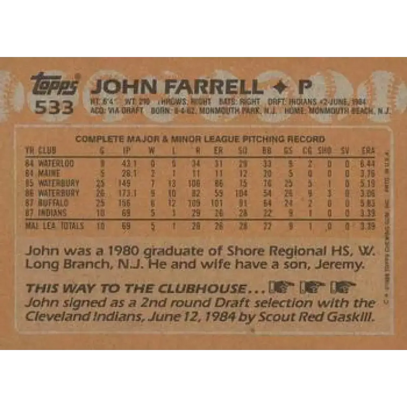 1988 Topps #533 John Farrell NM-MT RC Rookie Cleveland Indians Baseball Card - Baseball Card Single