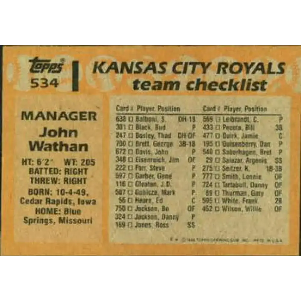 1988 Topps #534 John Wathan NM-MT Kansas City Royals Baseball Card - Baseball Card Single