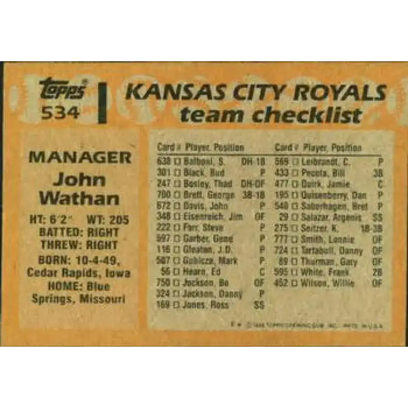 1988 Topps #534 John Wathan NM-MT Kansas City Royals Baseball Card - Baseball Card Single