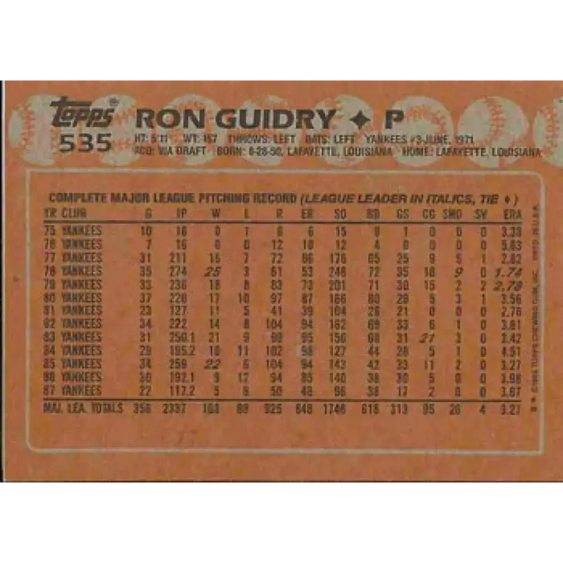 1988 Topps #535 Ron Guidry NM-MT New York Yankees Baseball Card - Baseball Card Single