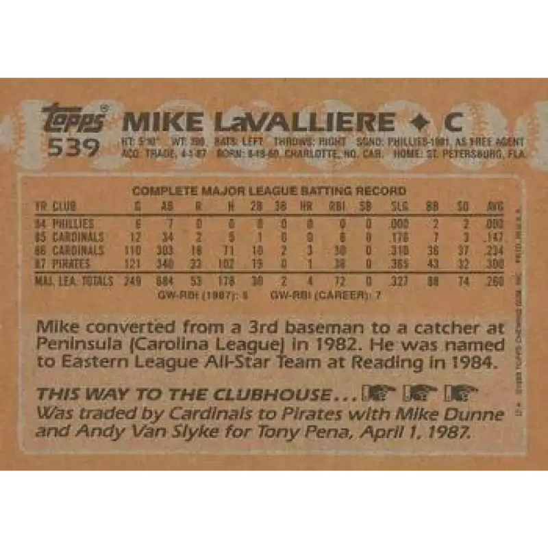 1988 Topps #539 Mike LaValliere NM-MT Pittsburgh Pirates Baseball Card - Baseball Card Single
