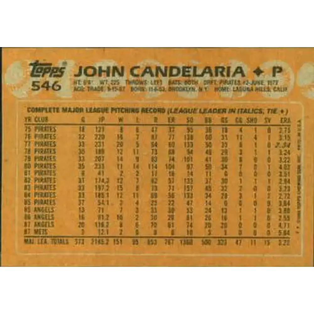 1988 Topps #546 John Candelaria NM-MT New York Mets Baseball Card - Baseball Card Single