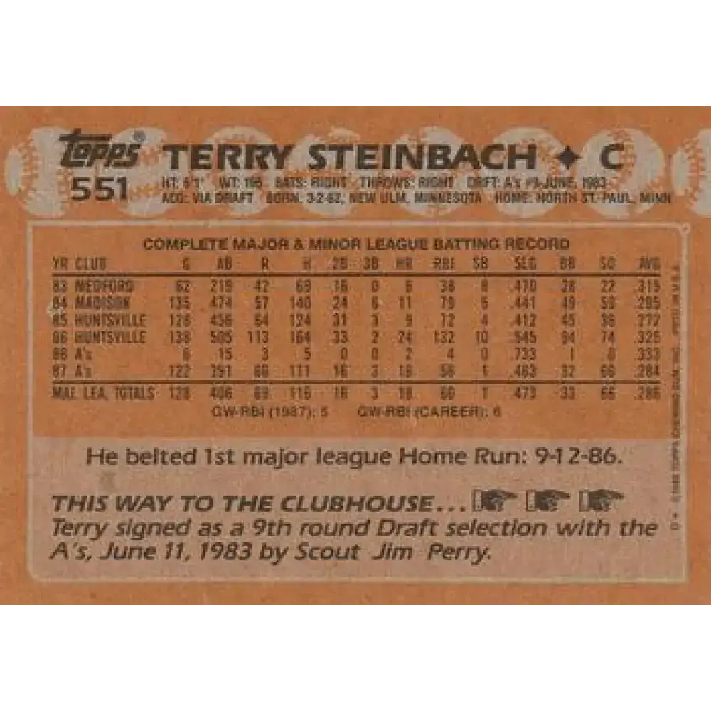 1988 Topps #551 Terry Steinbach NM-MT Oakland Athletics Baseball Card - Baseball Card Single