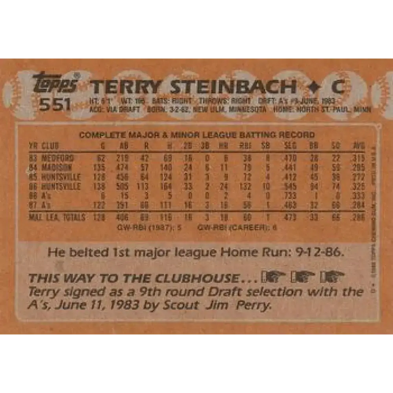 1988 Topps #551 Terry Steinbach NM-MT Oakland Athletics Baseball Card - Baseball Card Single