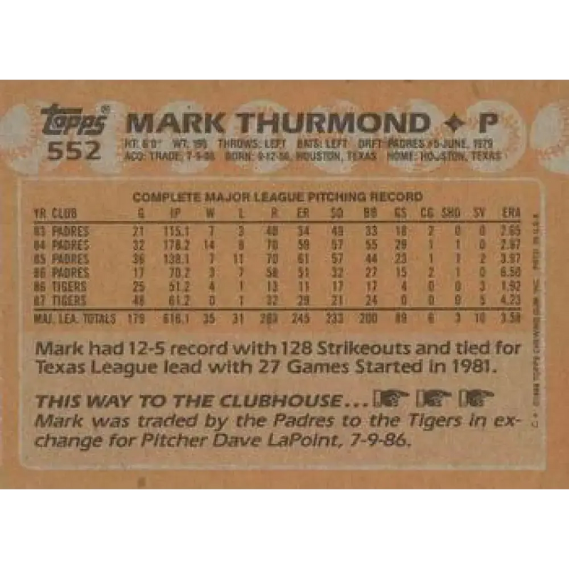 1988 Topps #552 Mark Thurmond NM-MT Detroit Tigers Baseball Card - Baseball Card Single