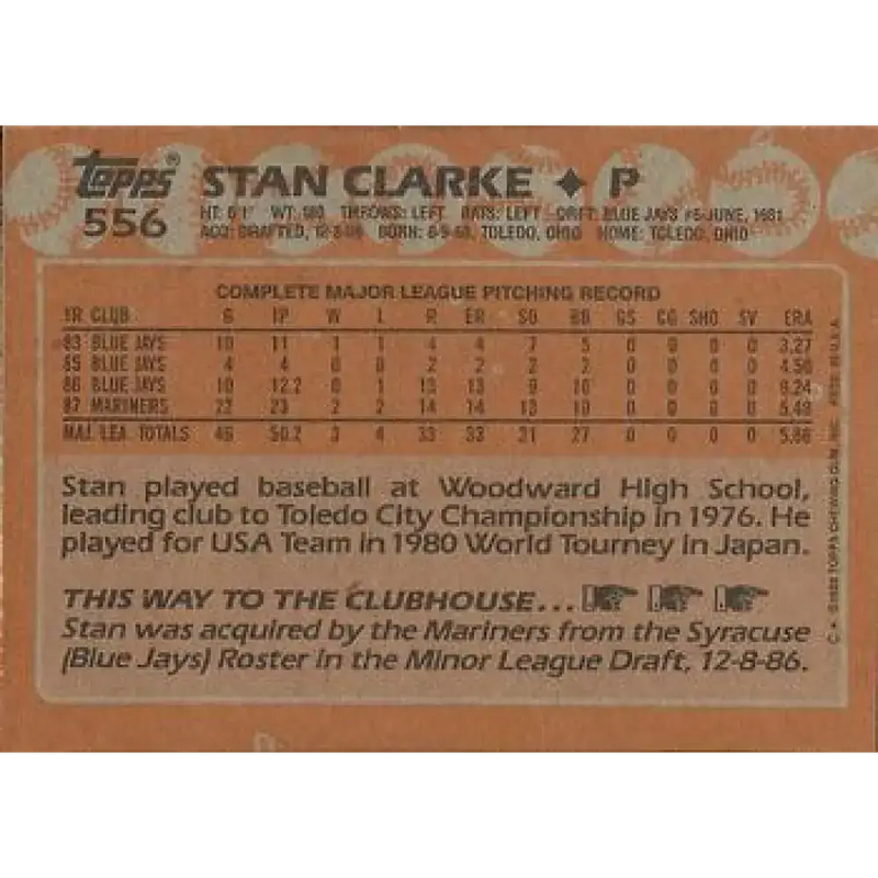 1988 Topps #556 Stan Clarke NM-MT RC Rookie Seattle Mariners Baseball Card - Baseball Card Single