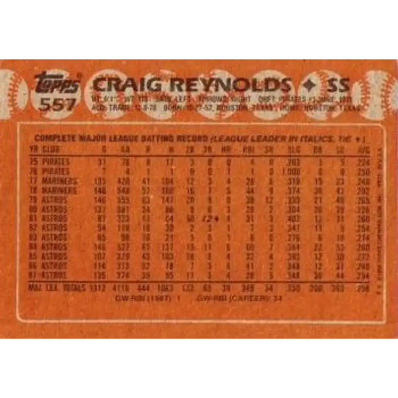 1988 Topps #557 Craig Reynolds NM-MT Houston Astros Baseball Card - Baseball Card Single
