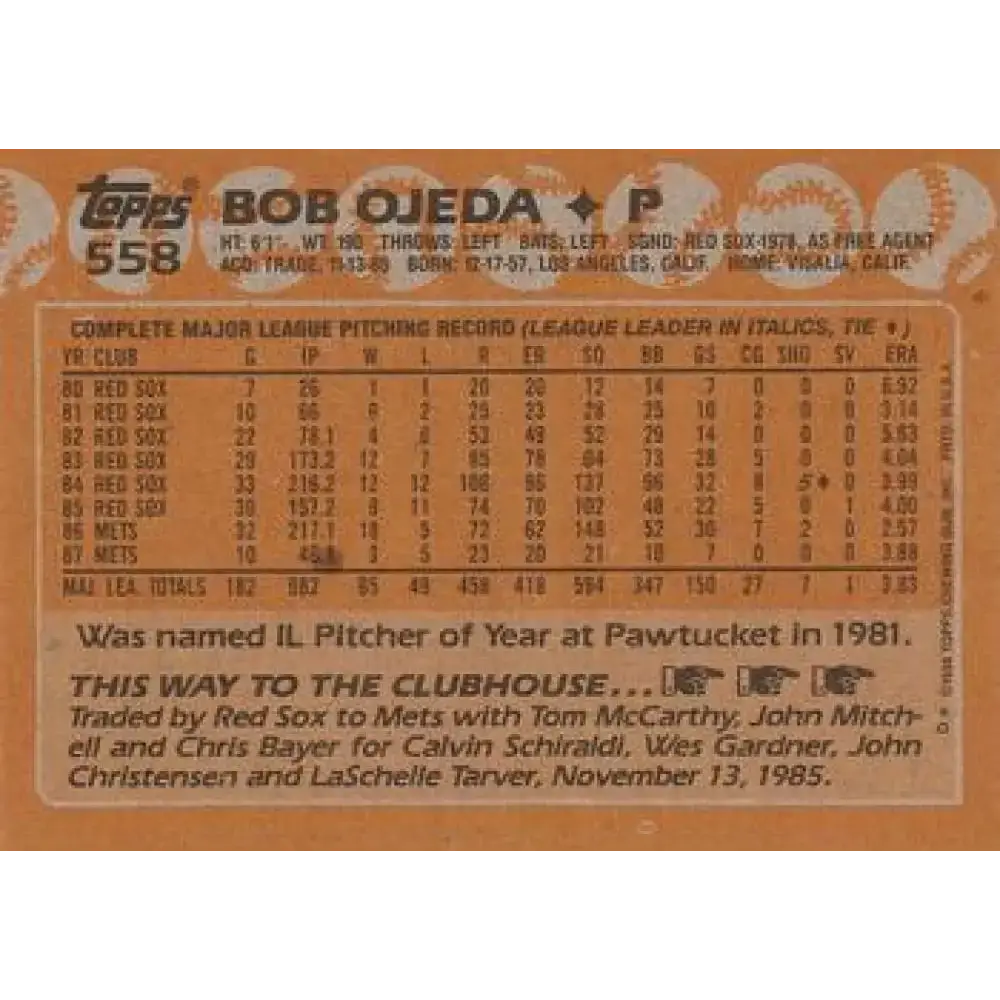 1988 Topps #558 Bob Ojeda NM-MT New York Mets Baseball Card - Baseball Card Single