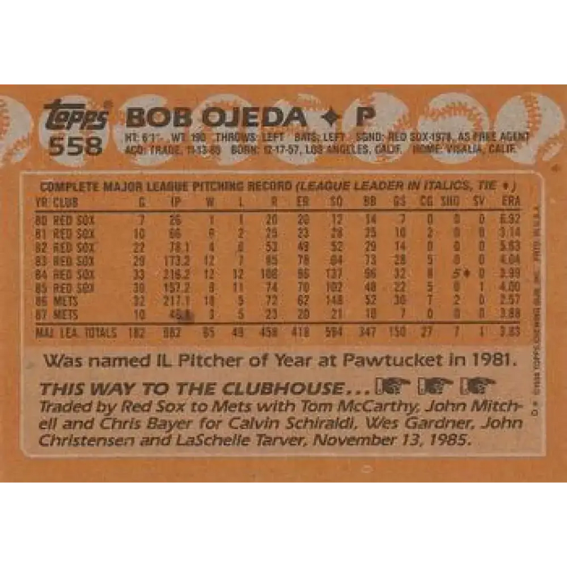 1988 Topps #558 Bob Ojeda NM-MT New York Mets Baseball Card - Baseball Card Single