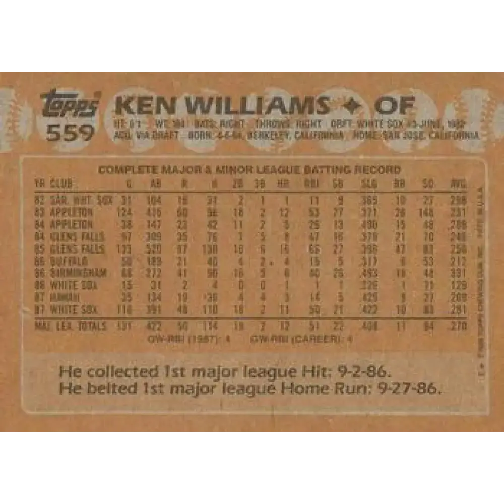 1988 Topps #559 Kenny Williams NM-MT Chicago White Sox Baseball Card - Baseball Card Single