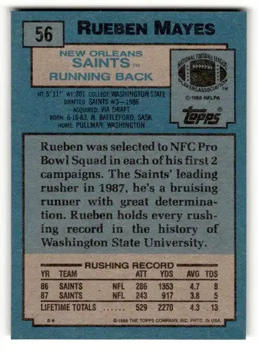 1988 Topps Rueben Mayes Saints Football card with original gloss in excellent condition