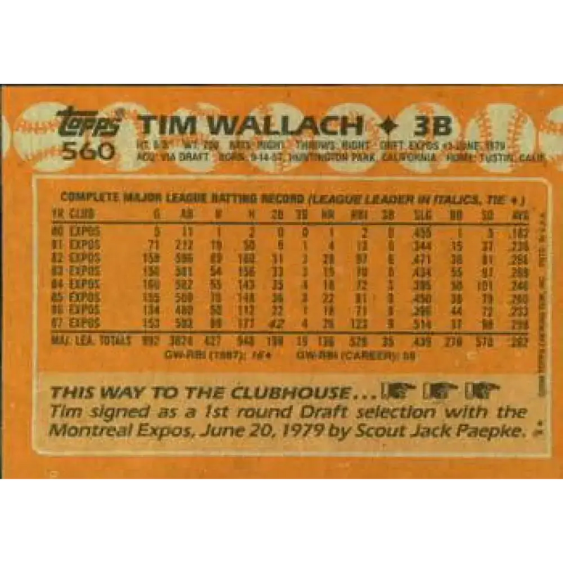 1988 Topps #560 Tim Wallach NM-MT Montreal Expos Baseball Card - Baseball Card Single