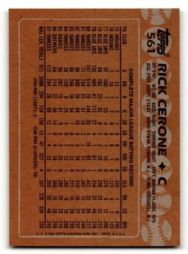 1988 Topps #561 Rick Cerone New York Yankees Baseball Cards EX/NM ID:53532 - Baseball Card Single