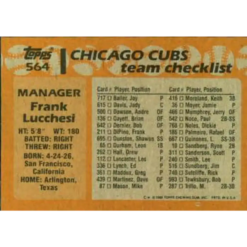 1988 Topps #564 Frank Lucchesi NM-MT Chicago Cubs Baseball Card - Baseball Card Single