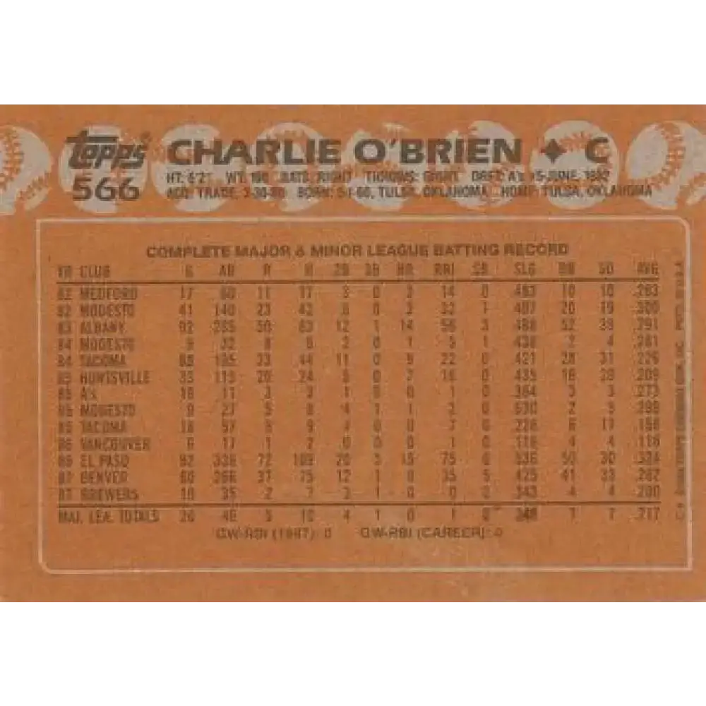 1988 Topps #566 Charlie O’Brien NM-MT RC Rookie Milwaukee Brewers Baseball Card - Baseball Card Single