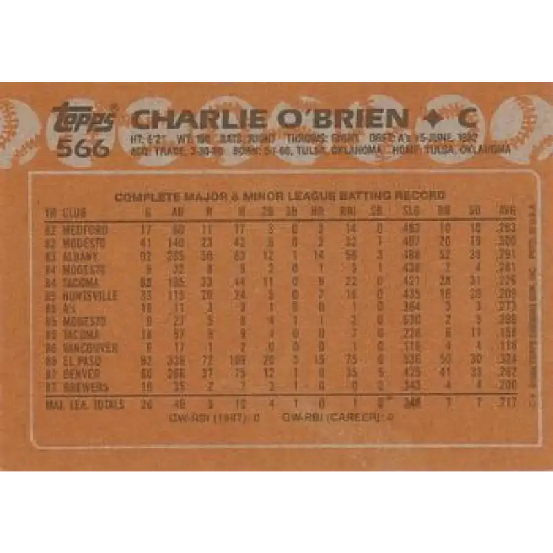 1988 Topps #566 Charlie O’Brien NM-MT RC Rookie Milwaukee Brewers Baseball Card - Baseball Card Single