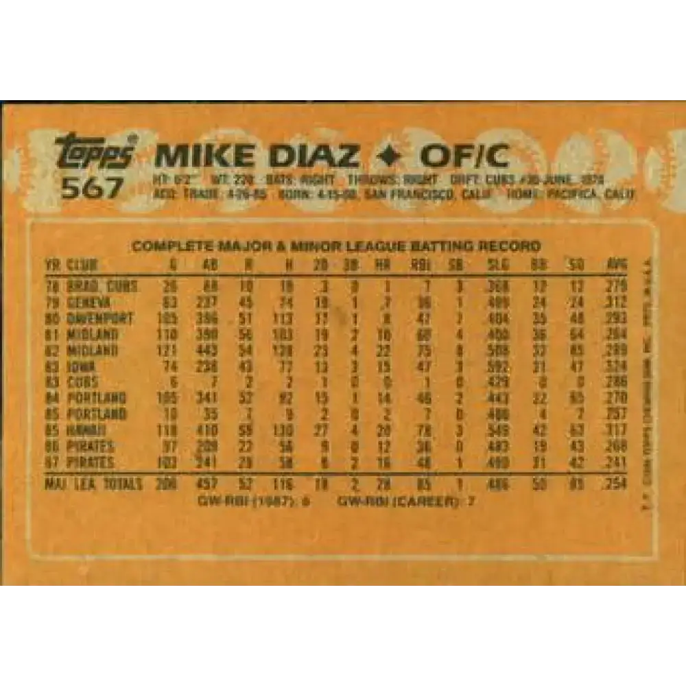 1988 Topps #567 Mike Diaz NM-MT Pittsburgh Pirates Baseball Card - Baseball Card Single