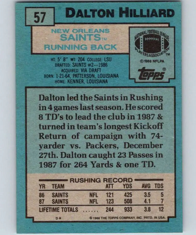 1988 Topps #57 Dalton Hilliard EX Excellent RC Rookie New Orleans Saints Football Card - Football Card Single