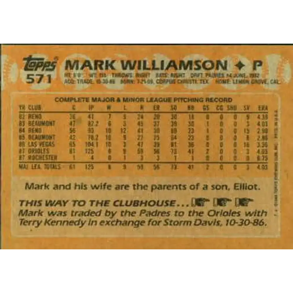 1988 Topps #571 Mark Williamson NM-MT Baltimore Orioles Baseball Card - Baseball Card Single