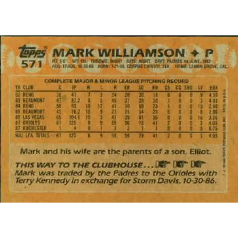 1988 Topps #571 Mark Williamson NM-MT Baltimore Orioles Baseball Card - Baseball Card Single