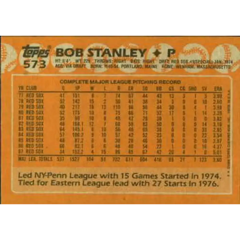 1988 Topps #573 Bob Stanley NM-MT Boston Red Sox Baseball Card - Baseball Card Single