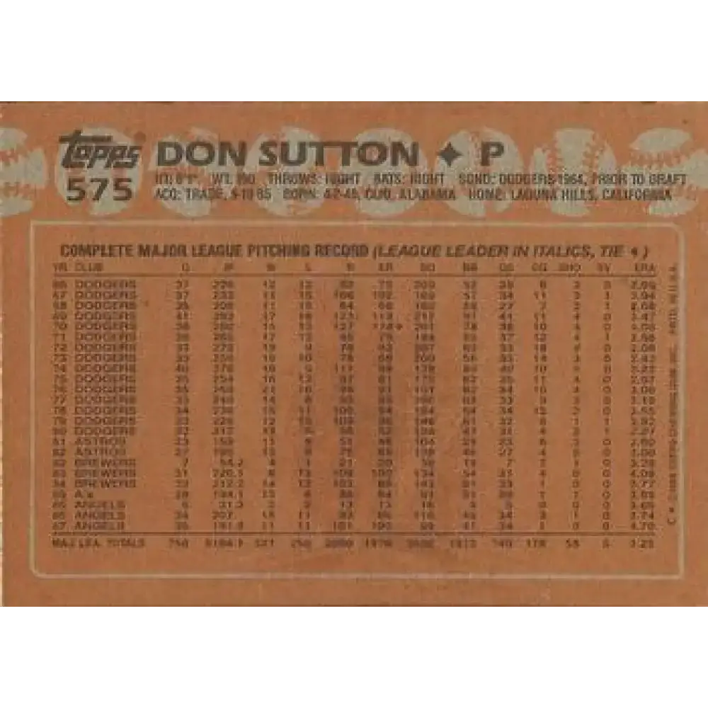 1988 Topps #575 Don Sutton NM-MT California Angels Baseball Card - Baseball Card Single