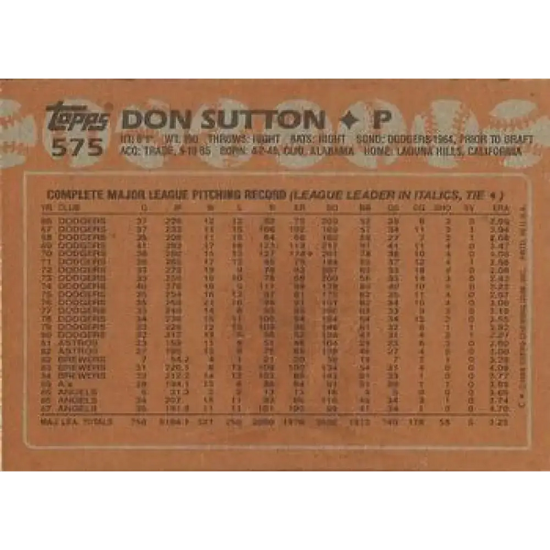 1988 Topps #575 Don Sutton NM-MT California Angels Baseball Card - Baseball Card Single