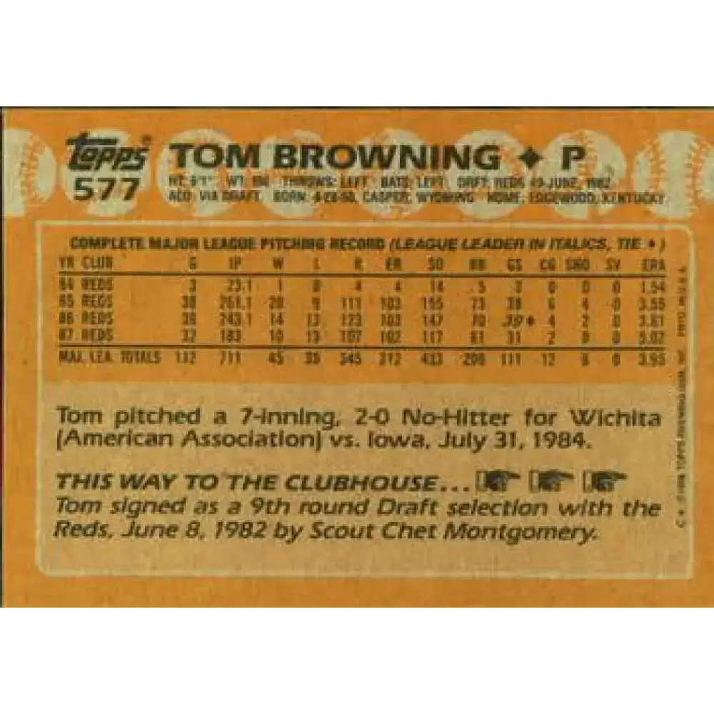 1988 Topps #577 Tom Browning NM-MT Cincinnati Reds Baseball Card - Baseball Card Single