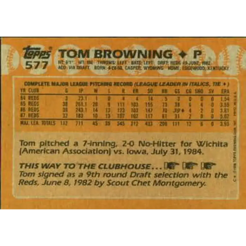 1988 Topps #577 Tom Browning NM-MT Cincinnati Reds Baseball Card - Baseball Card Single