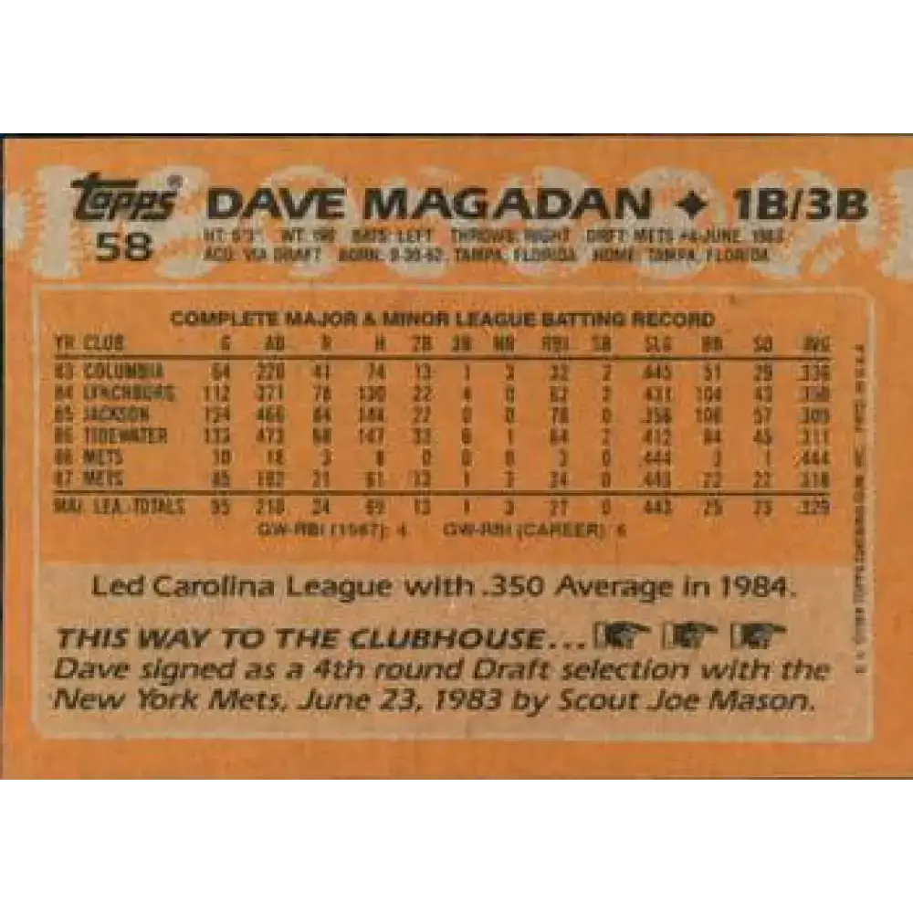 1988 Topps #58 Dave Magadan NM-MT New York Mets Baseball Card - Baseball Card Single