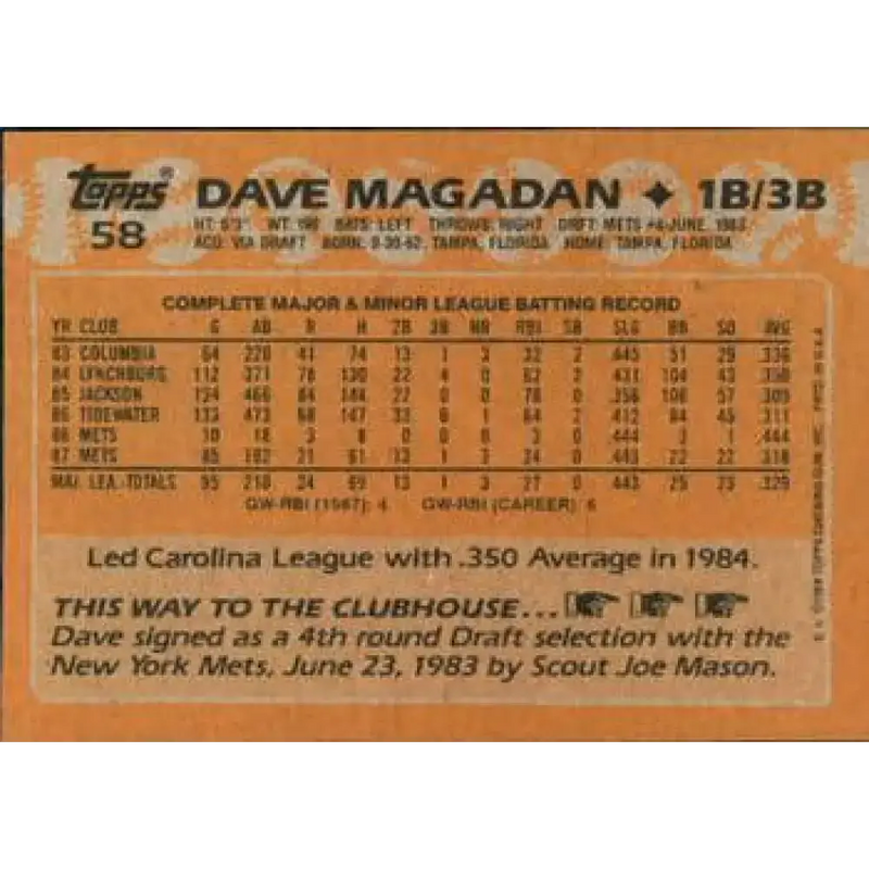 1988 Topps #58 Dave Magadan NM-MT New York Mets Baseball Card - Baseball Card Single
