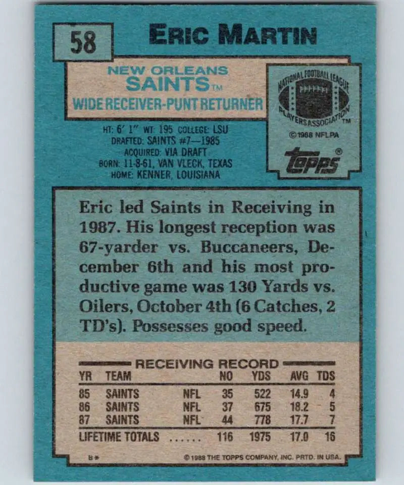 1988 Topps #58 Eric Martin EX Excellent New Orleans Saints Football Card - Football Card Single