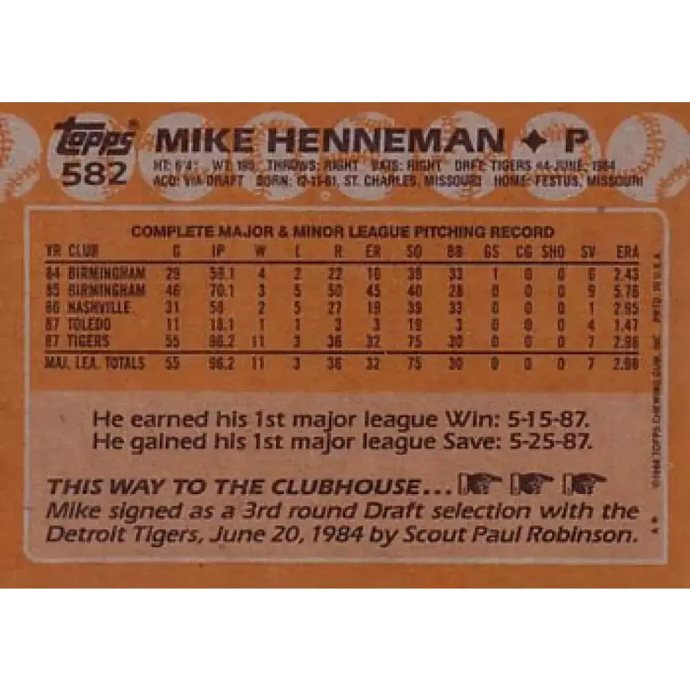 1988 Topps #582 Mike Henneman NM-MT RC Rookie Detroit Tigers Baseball Card - Baseball Card Single