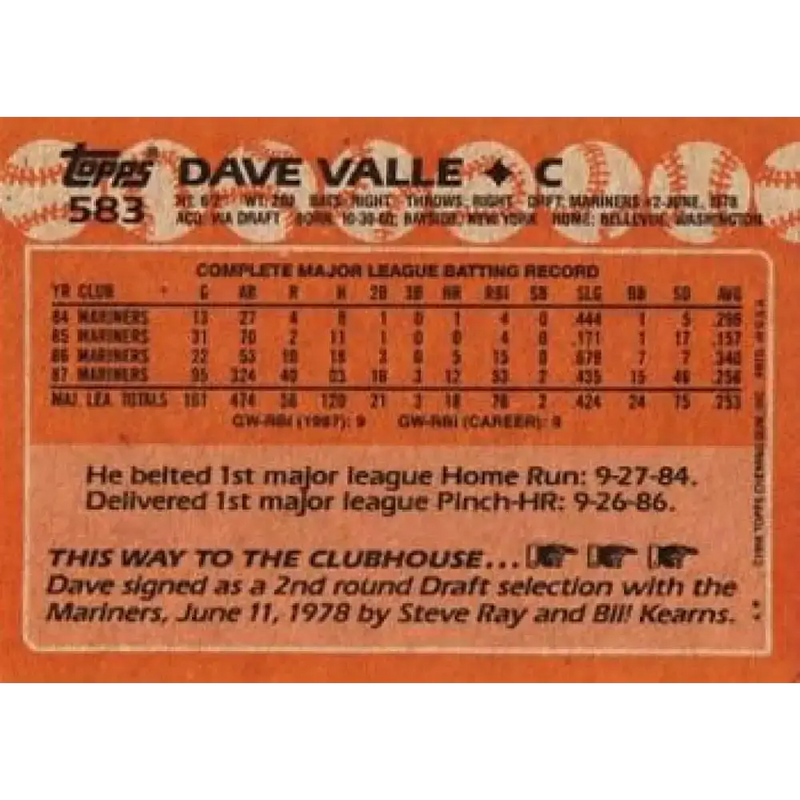 1988 Topps #583 Dave Valle NM-MT Seattle Mariners Baseball Card - Baseball Card Single