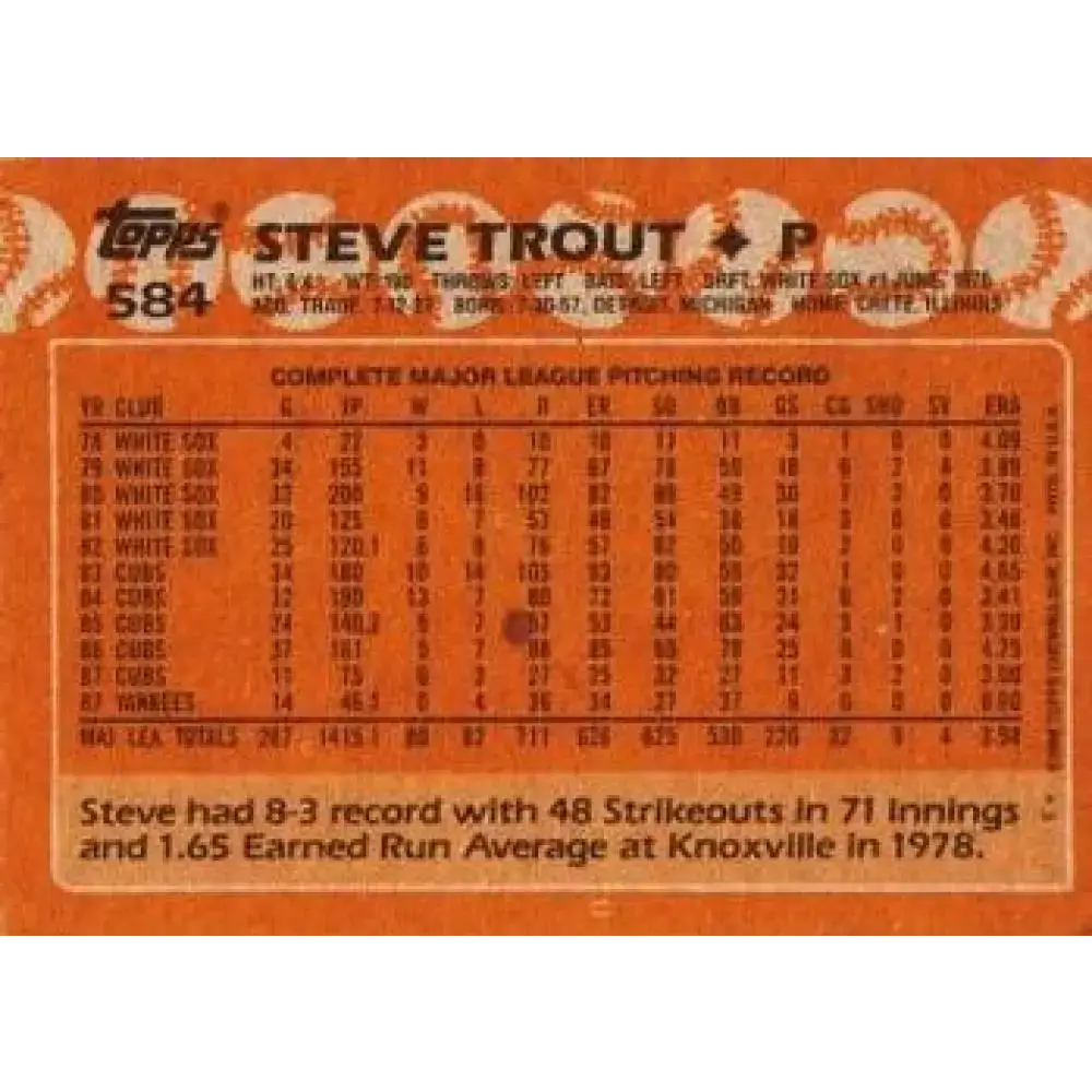 1988 Topps #584 Steve Trout NM-MT New York Yankees Baseball Card - Baseball Card Single