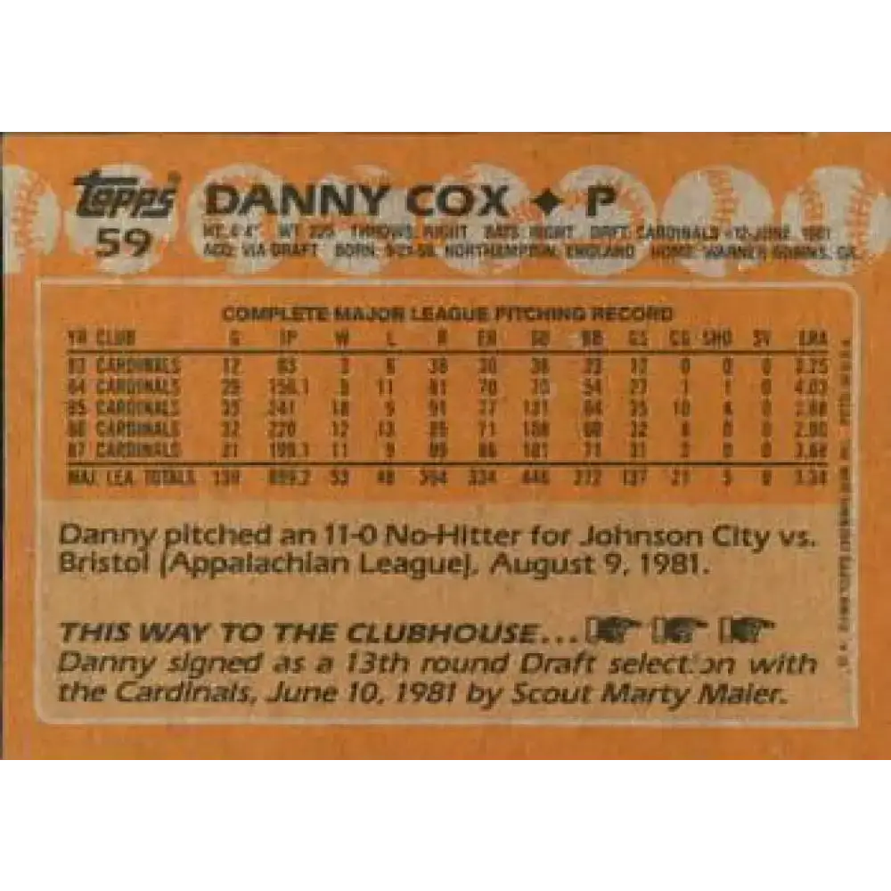 1988 Topps #59 Danny Cox NM-MT St. Louis Cardinals Baseball Card - Baseball Card Single