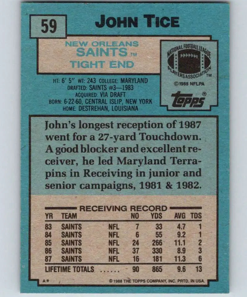 1988 Topps #59 John Tice EX Excellent RC Rookie New Orleans Saints Football Card - Football Card Single