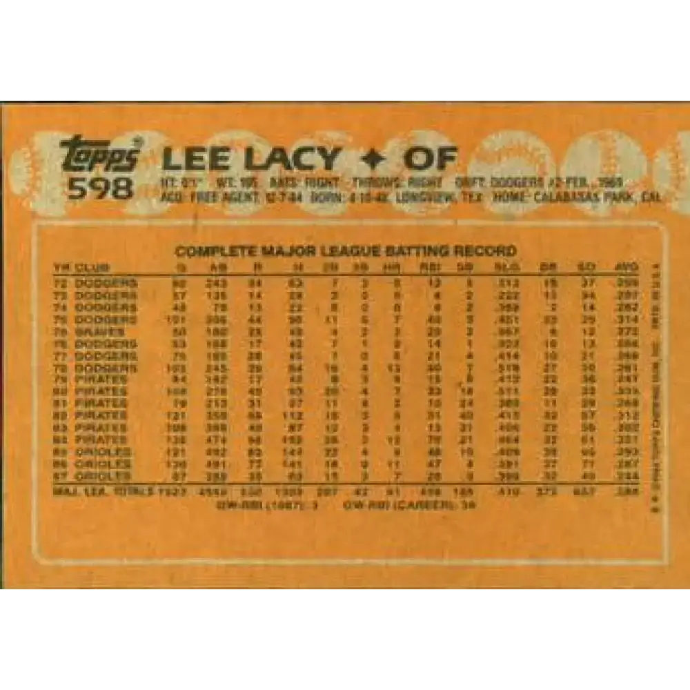 1988 Topps #598 Lee Lacy NM-MT Baltimore Orioles Baseball Card - Baseball Card Single