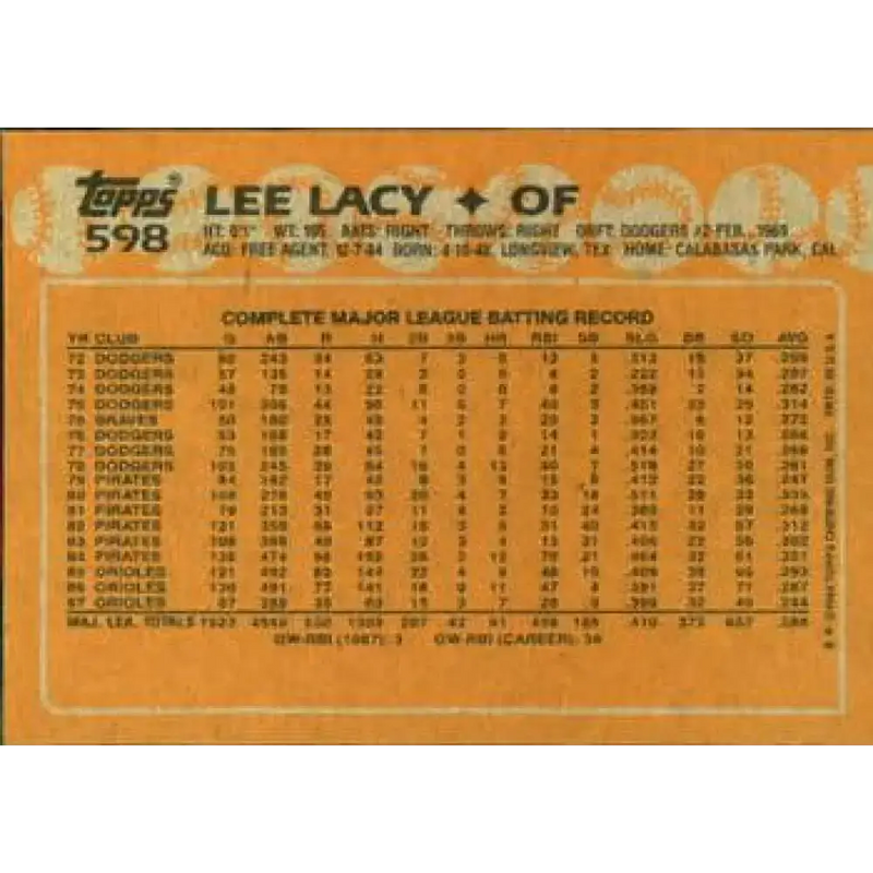 1988 Topps #598 Lee Lacy NM-MT Baltimore Orioles Baseball Card - Baseball Card Single
