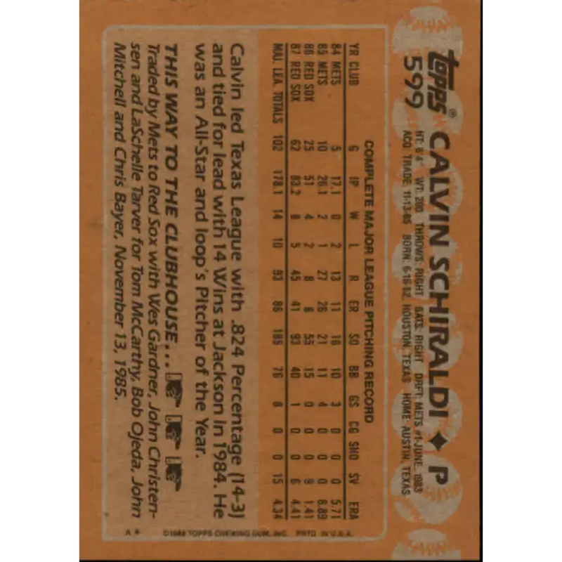 1988 Topps #599 Calvin Schiraldi NM-MT Boston Red Sox Baseball Card - Baseball Card Single