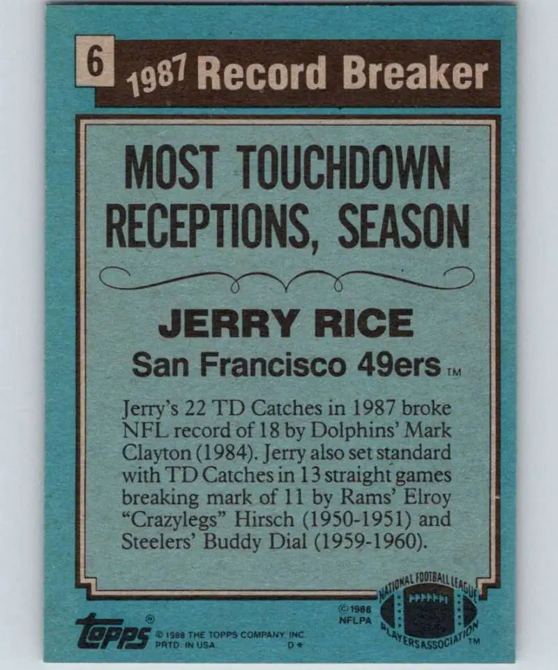1988 Topps #6 Jerry Rice EX Excellent San Francisco 49ers Football Card - Football Card Single