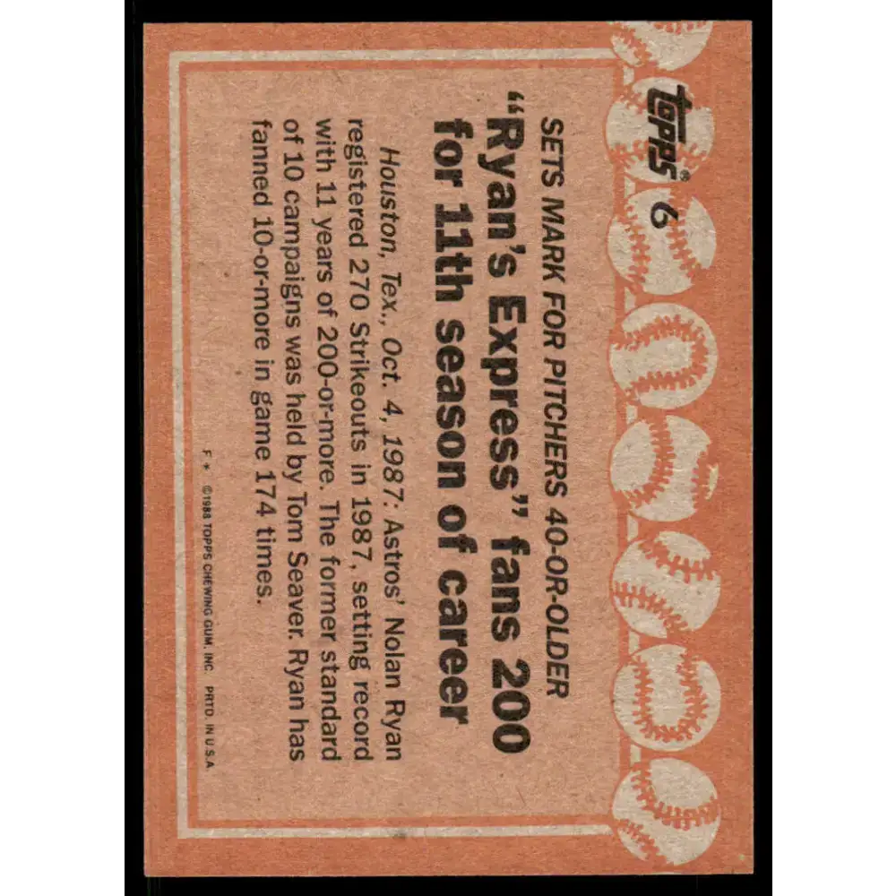 1988 Topps #6 Nolan Ryan EX/NM Houston Astros Baseball Card - Baseball Card Single